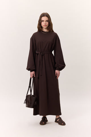 Balloon-Sleeve Long Dress Dark Brown