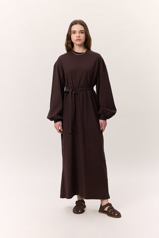 Balloon-Sleeve Long Dress Dark Brown