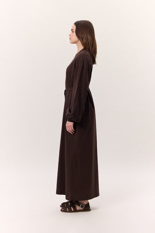Balloon-Sleeve Long Dress Dark Brown