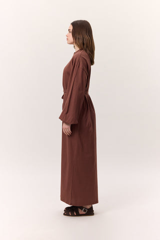 Balloon-Sleeve Long Dress Bark Brown
