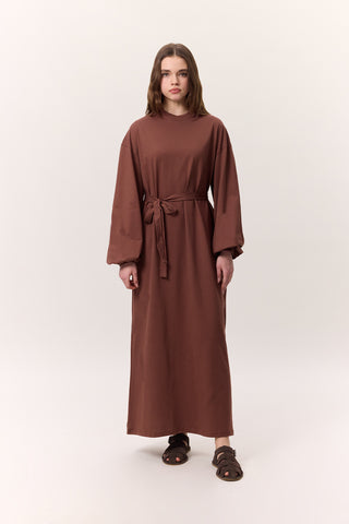 Balloon-Sleeve Long Dress Bark Brown