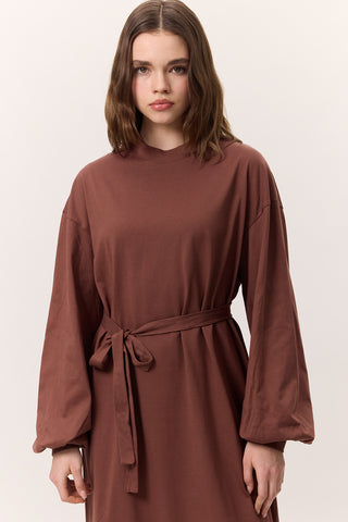 Balloon-Sleeve Long Dress Bark Brown
