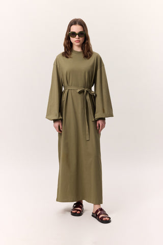 Balloon-Sleeve Long Dress Khaki