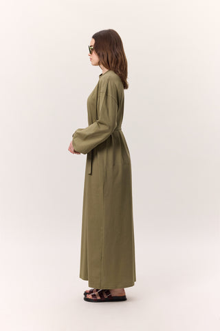 Balloon-Sleeve Long Dress Khaki