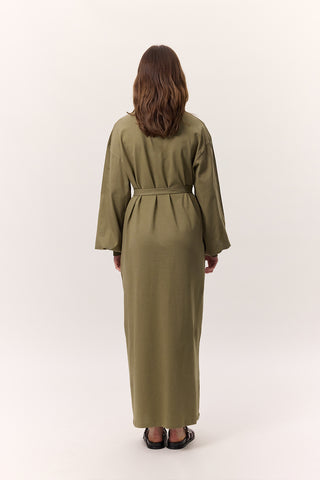 Balloon-Sleeve Long Dress Khaki