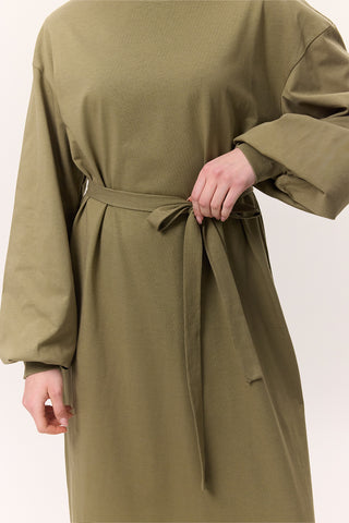 Balloon-Sleeve Long Dress Khaki