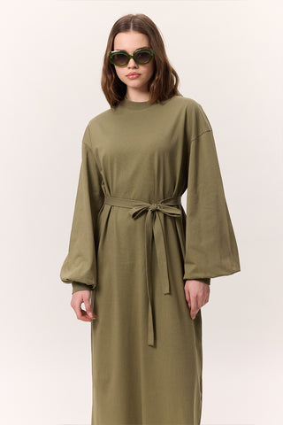 Balloon-Sleeve Long Dress Khaki