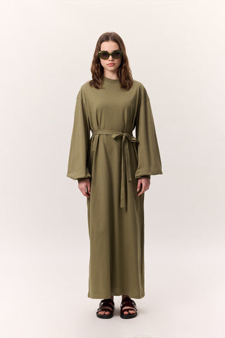Balloon-Sleeve Long Dress Khaki