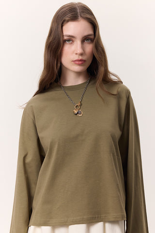 Cropped Long-Sleeve T-Shirt Khaki