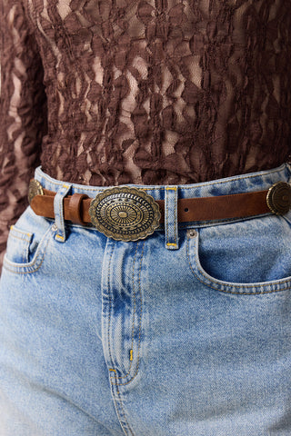 Embossed Buckle Belt Brown