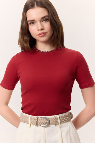 Kısa Kollu Ribanalı Bodysuit Kırmızı