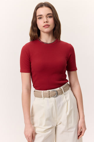 Kısa Kollu Ribanalı Bodysuit Kırmızı