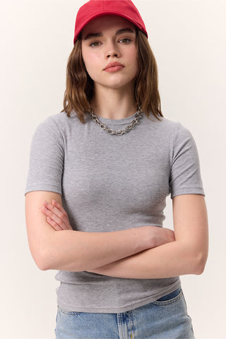 Kısa Kollu Ribanalı Bodysuit Gri Melanj