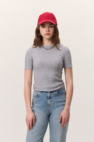 Kısa Kollu Ribanalı Bodysuit Gri Melanj