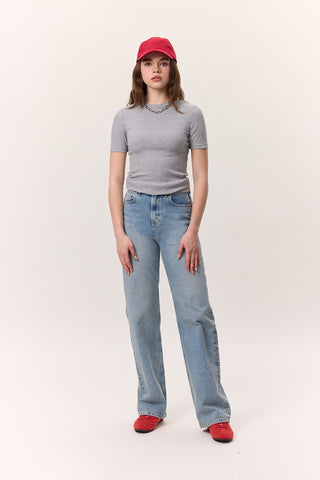Kısa Kollu Ribanalı Bodysuit Gri Melanj