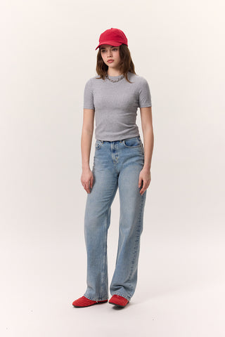 Kısa Kollu Ribanalı Bodysuit Gri Melanj