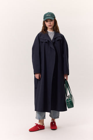 High Neck Oversized Trench Coat Navy Blue