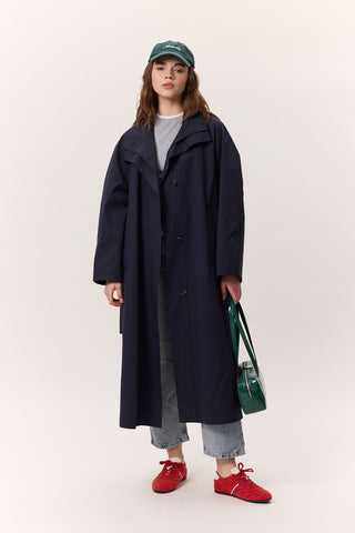 High Neck Oversized Trench Coat Navy Blue