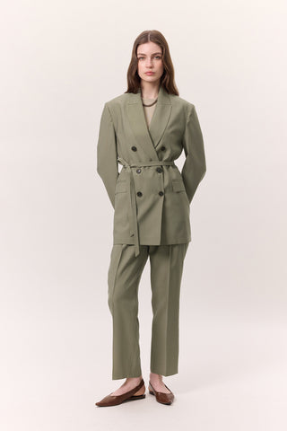 Tencel Kuşaklı Kruvaze Blazer Fıstık Yeşili