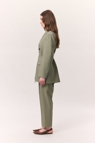 Tencel Kuşaklı Kruvaze Blazer Fıstık Yeşili