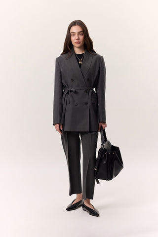 Tencel Belted Double-Breasted Blazer Anthracite