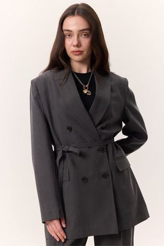 Tencel Belted Double-Breasted Blazer Anthracite