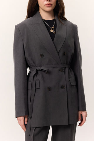 Tencel Belted Double-Breasted Blazer Anthracite