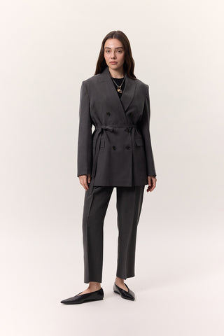 Tencel Belted Double-Breasted Blazer Anthracite
