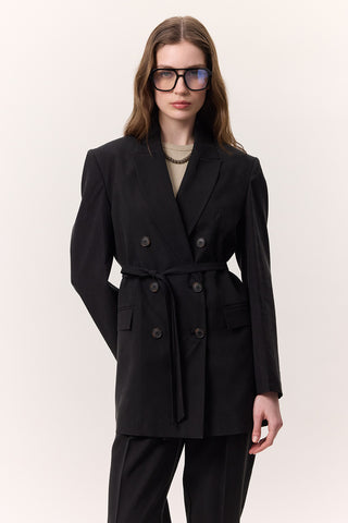 Tencel Belted Double-Breasted Blazer Black