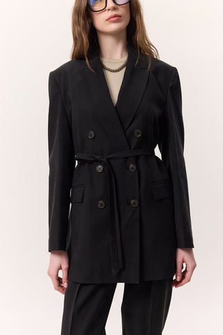 Tencel Belted Double-Breasted Blazer Black