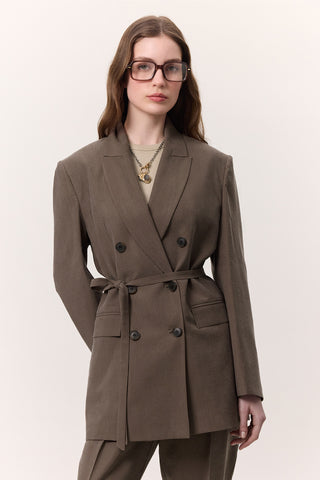Tencel Belted Double-Breasted Blazer Brown