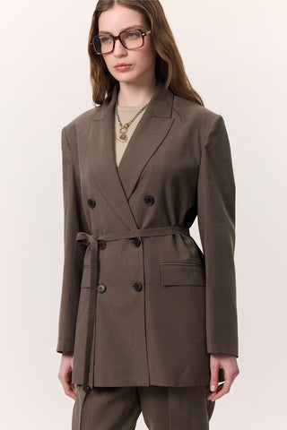 Tencel Belted Double-Breasted Blazer Brown