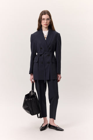Tencel Belted Double-Breasted Blazer Indigo