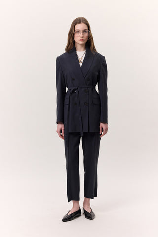 Tencel Belted Double-Breasted Blazer Indigo