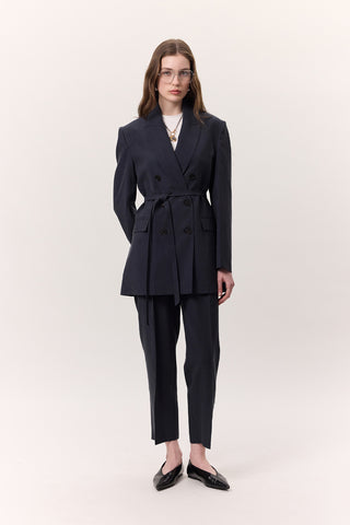 Tencel Belted Double-Breasted Blazer Indigo