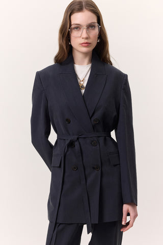 Tencel Belted Double-Breasted Blazer Indigo
