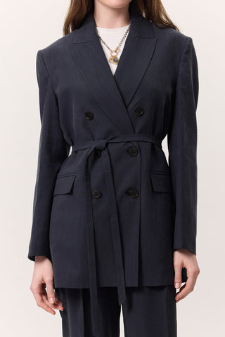 Tencel Belted Double-Breasted Blazer Indigo