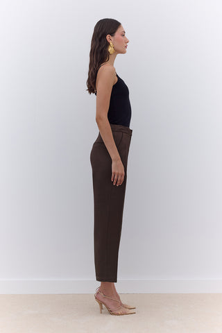 Satin Straight Leg Trousers Bark Brown