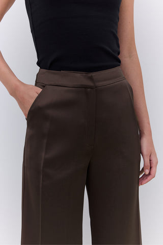 Satin Straight Leg Trousers Bark Brown