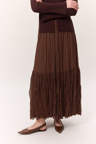 Crushed Pleated Maxi Skirt Brown