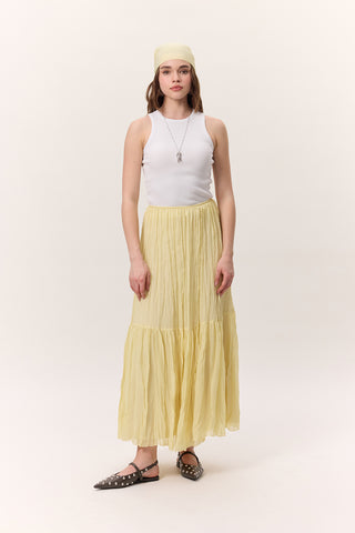 Ezilmiş Pileli Uzun Etek Yumuşak Sarı