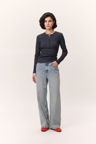 Long-Sleeve Snap-Collar Bodysuit Navy Blue