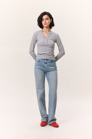 Uzun Kollu Yakalı Bodysuit Gri Melanj