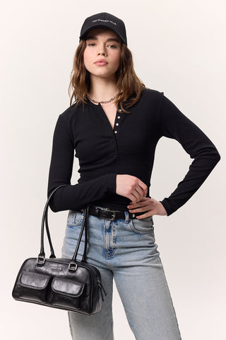 Uzun Kollu Çıtçıtlı Yaka Bodysuit Siyah
