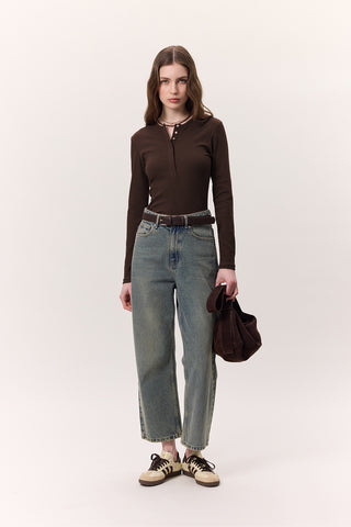 Long-Sleeve Snap-Collar Bodysuit Dark Brown