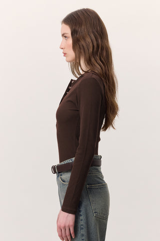 Long-Sleeve Snap-Collar Bodysuit Dark Brown