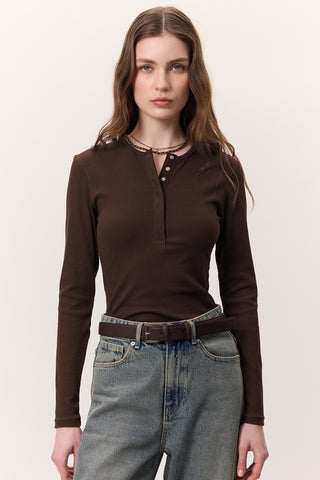 Long-Sleeve Snap-Collar Bodysuit Dark Brown