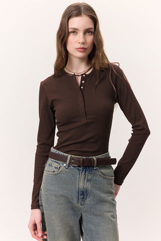 Long-Sleeve Snap-Collar Bodysuit Dark Brown