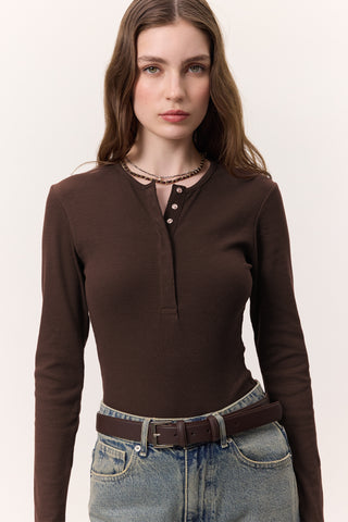 Long-Sleeve Snap-Collar Bodysuit Dark Brown
