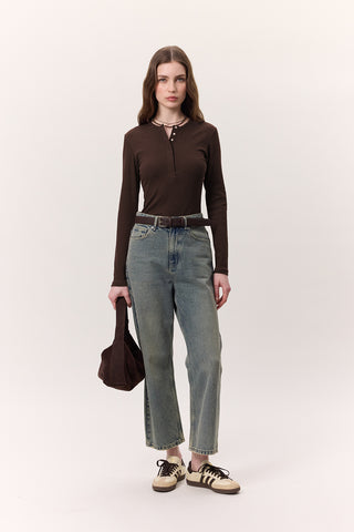 Long-Sleeve Snap-Collar Bodysuit Dark Brown